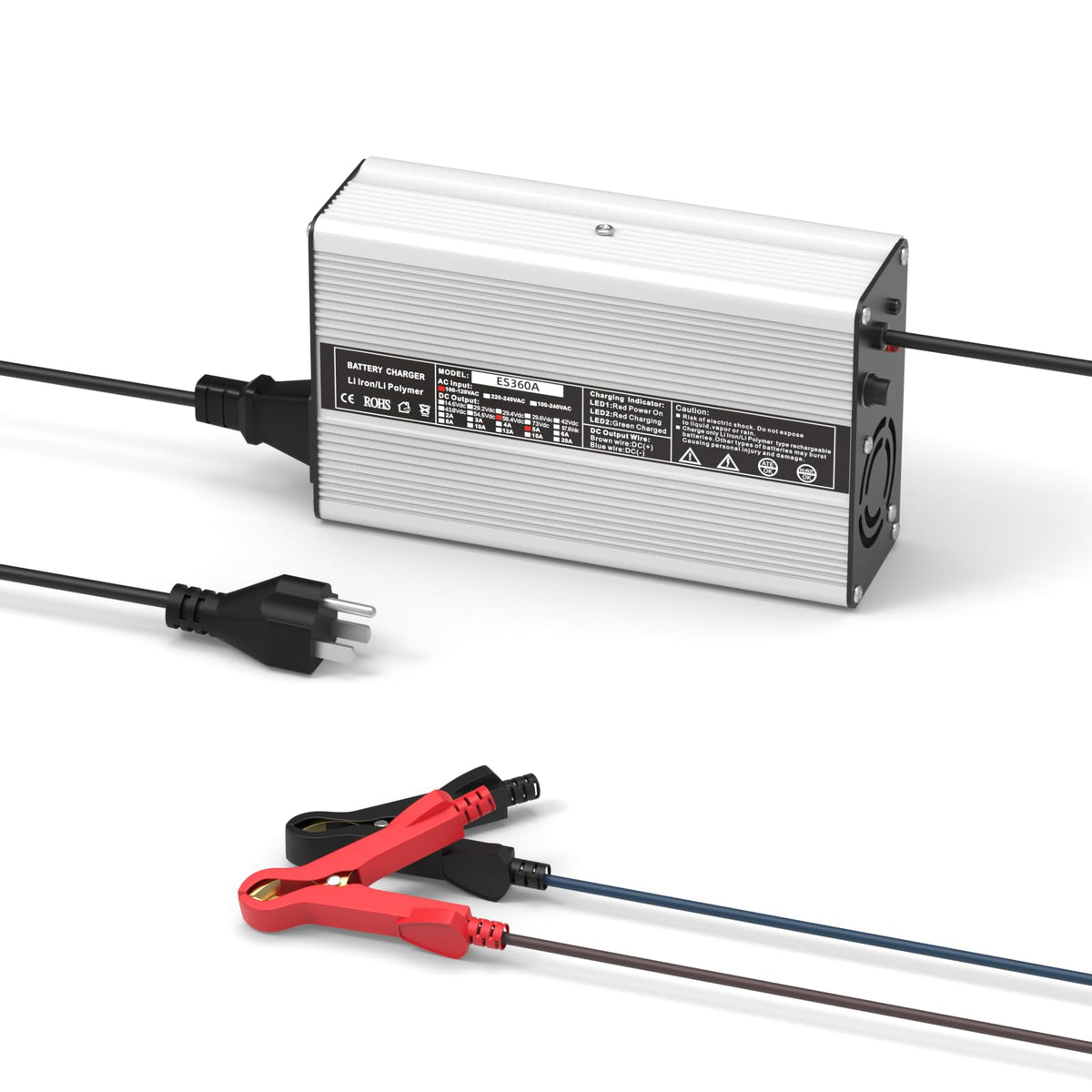 OCELL 58.4V 5A charger front view, durable aluminum shell and reliable performance.