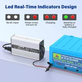 OCELL 58.4V 5A charger in off-grid solar charging setup.
