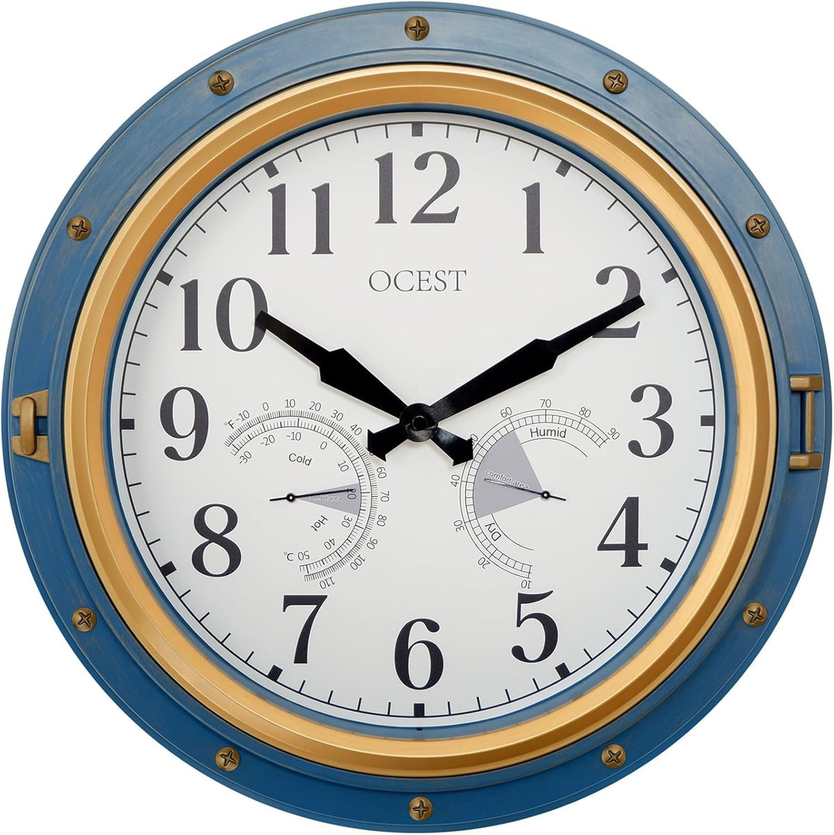 OCEST 16-inch blue clock with ivory dial offers easy readability.