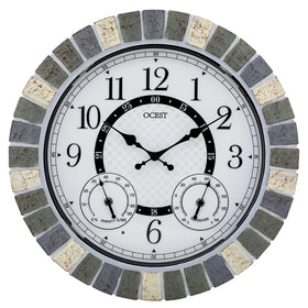 OCEST 18-inch outdoor clock face showing time and environmental readings.