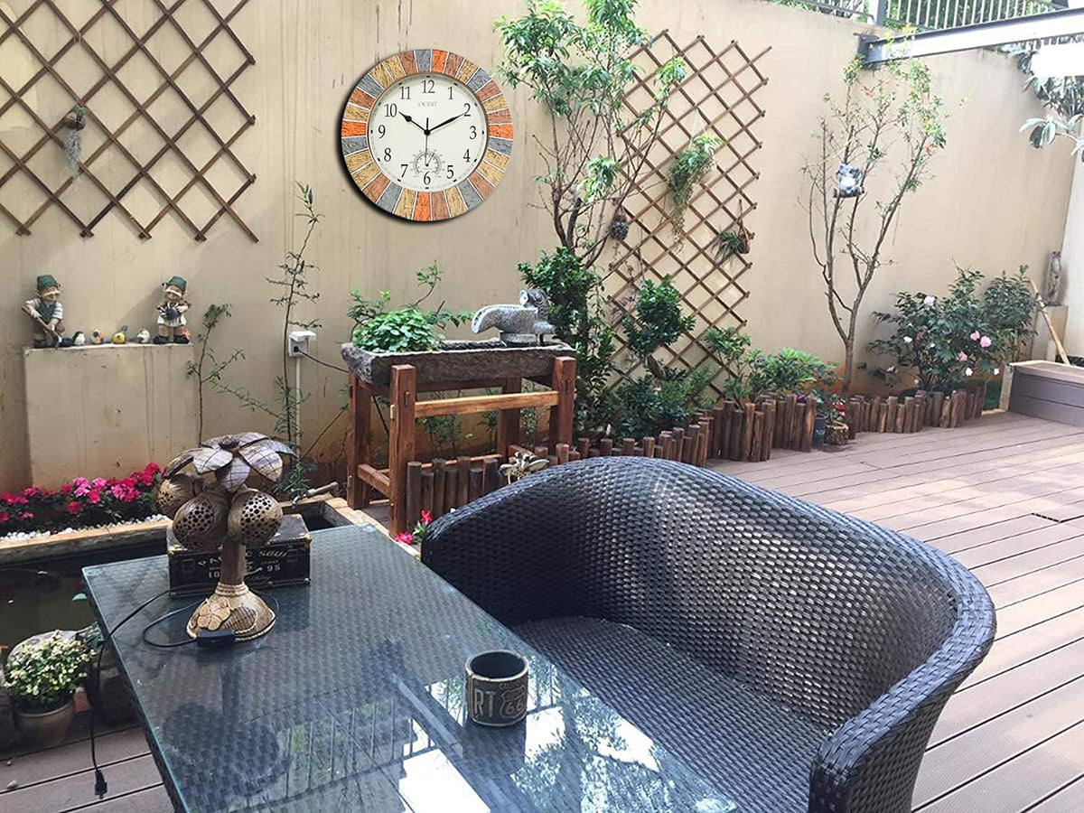 OCEST clock mounted on a patio wall demonstrates weather-ready decor