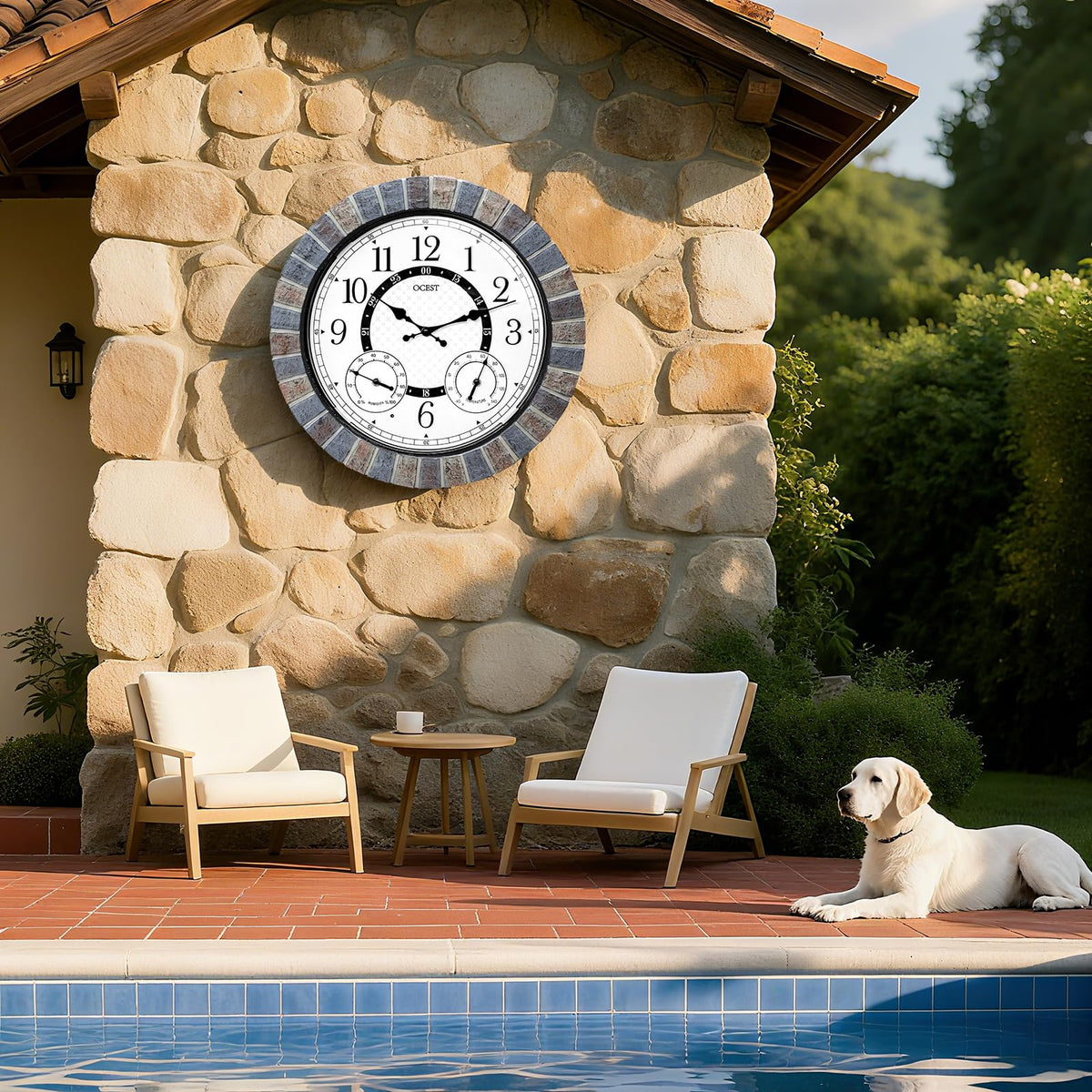 OCEST 18-inch outdoor clock placed by poolside for year-round use.