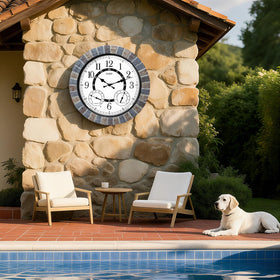 OCEST 18-inch outdoor clock placed by poolside for year-round use.