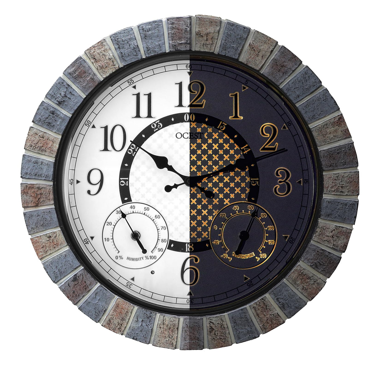 OCEST thermometer-hygrometer dial showing temperature and humidity for patios.
