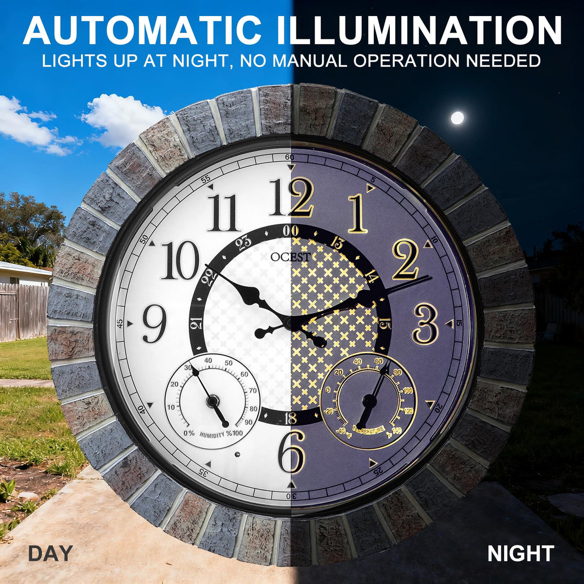 OCEST waterproof design with rubber gasket protecting the clock movement outdoors.