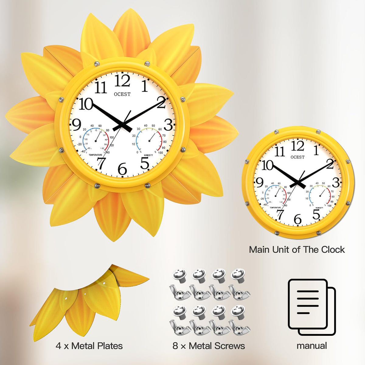 OCEST patio clock mounted in garden showing versatile outdoor placement.
