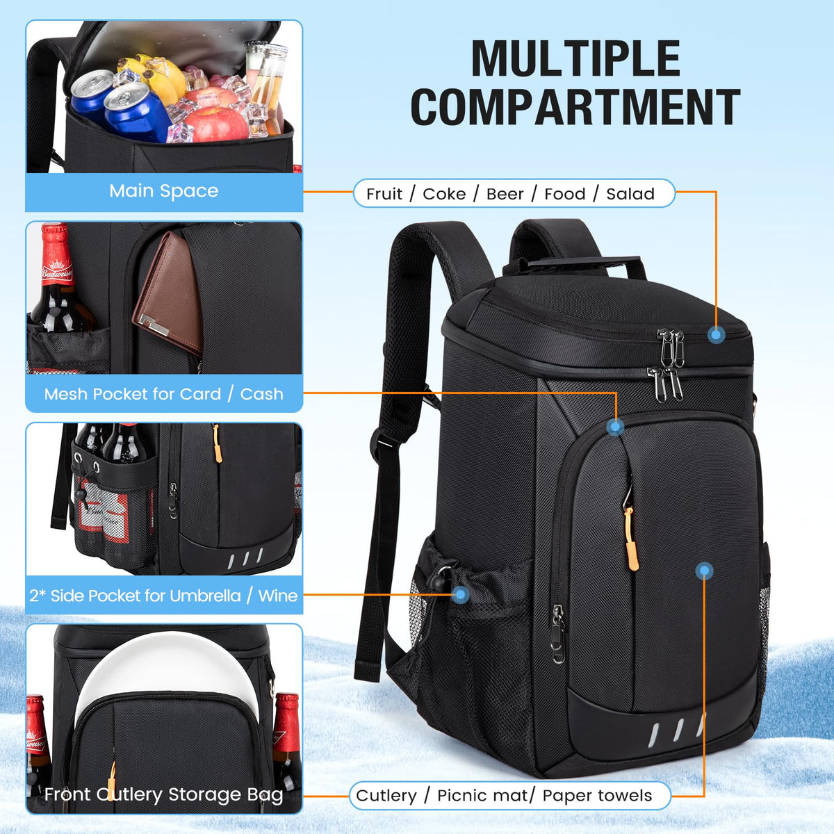 OCKLILY cooler backpack side mesh pocket fits tall bottles on hikes.