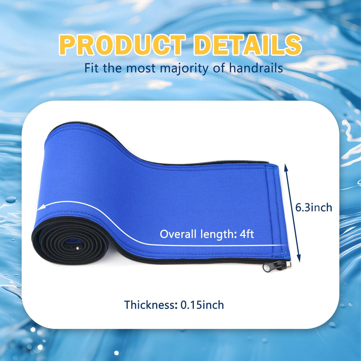 ODDMUCK blue pool handrail sleeve protecting rails from UV and heat.