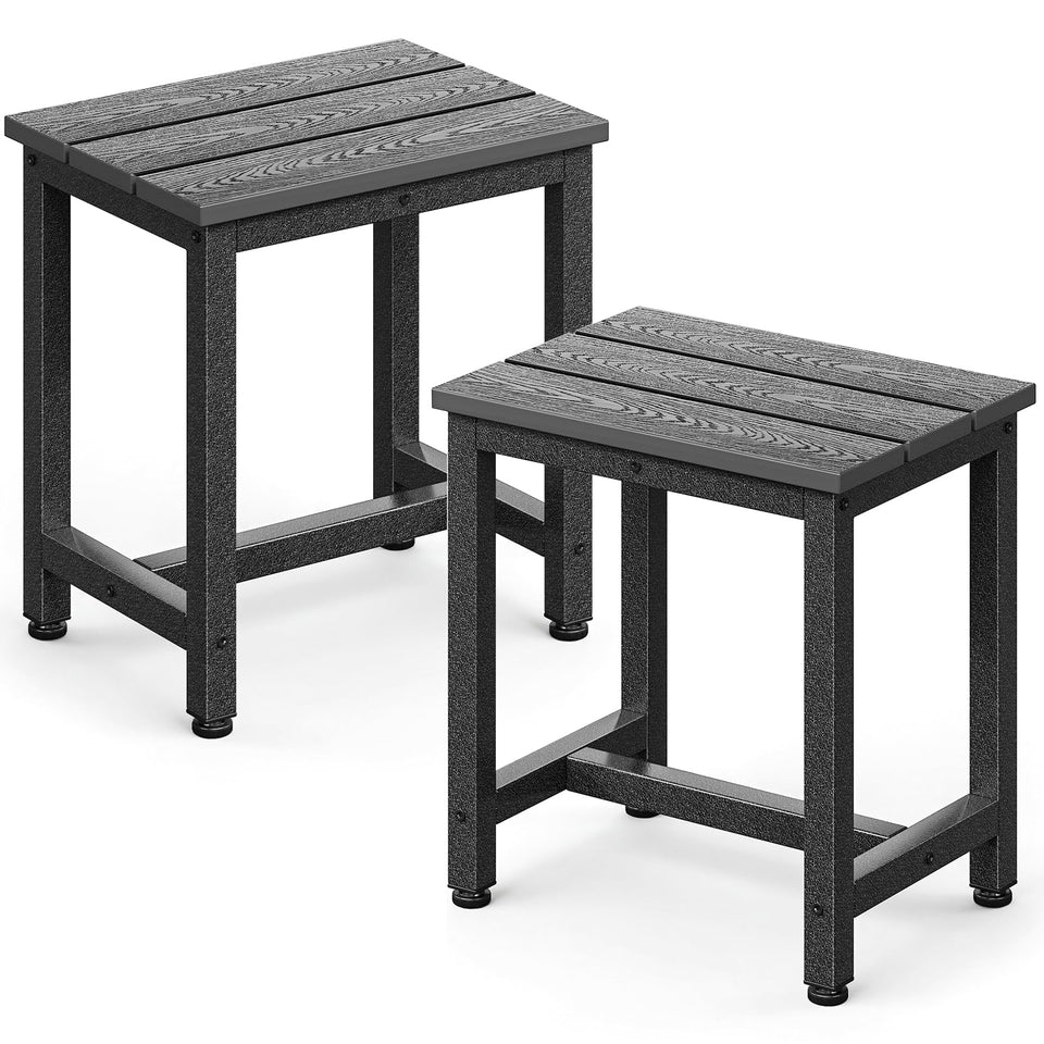 ODK outdoor side tables pair in grey beside Adirondack chairs for a coordinated outdoor setup