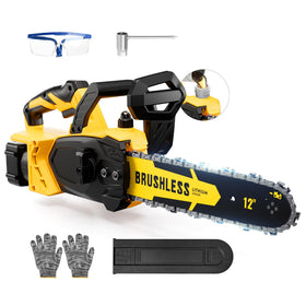 ODOGYM brushless cordless chainsaw in action cutting hardwood efficiently