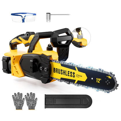ODOGYM brushless cordless chainsaw in action cutting hardwood efficiently