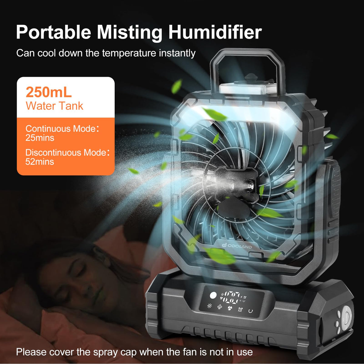 Odoland misting fan with 3-light color options for ambience.
