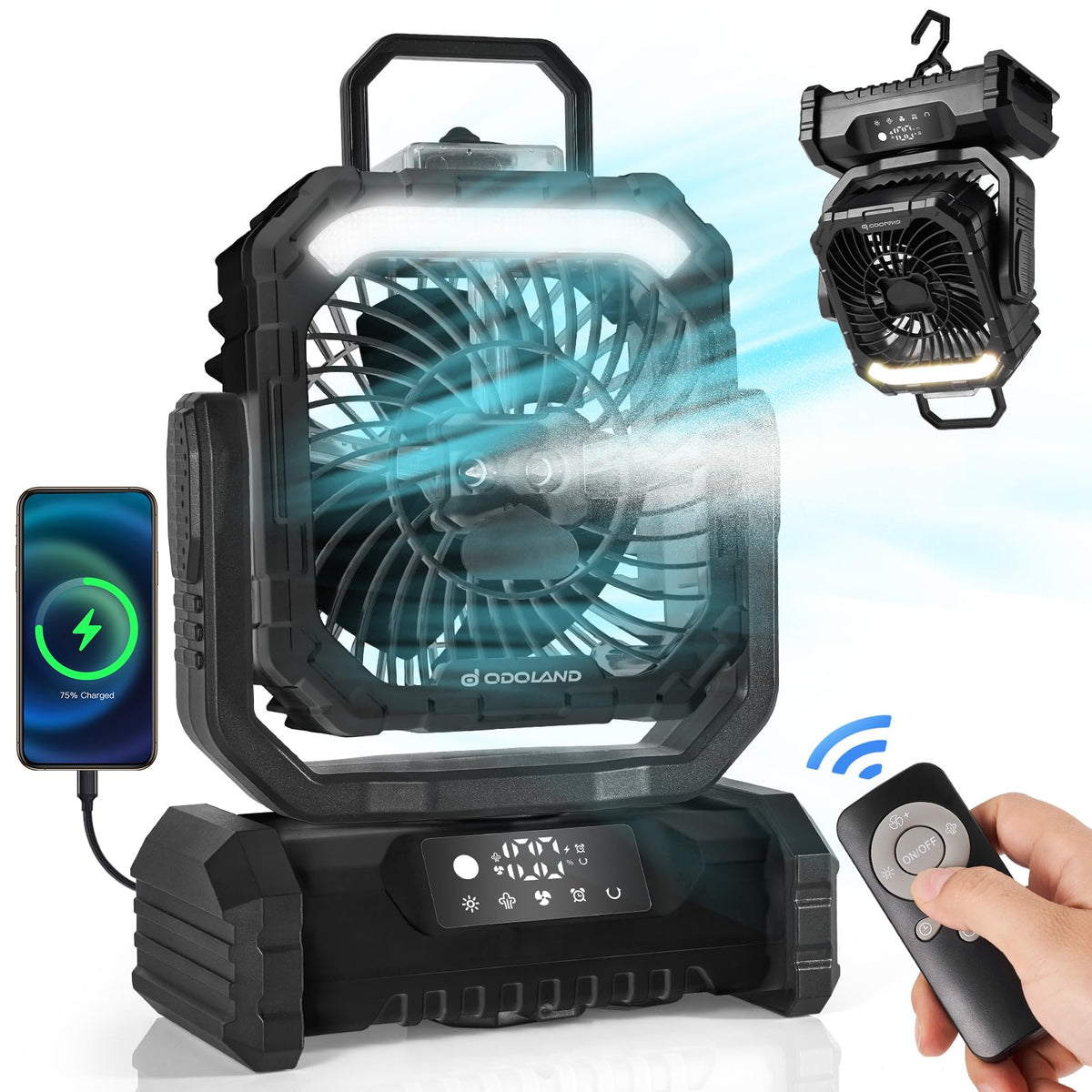 Odoland portable misting fan with long-lasting battery for outdoor cooling.