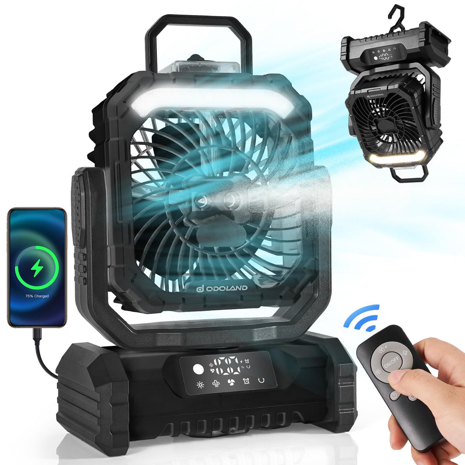 Odoland portable misting fan with long-lasting battery for outdoor cooling.