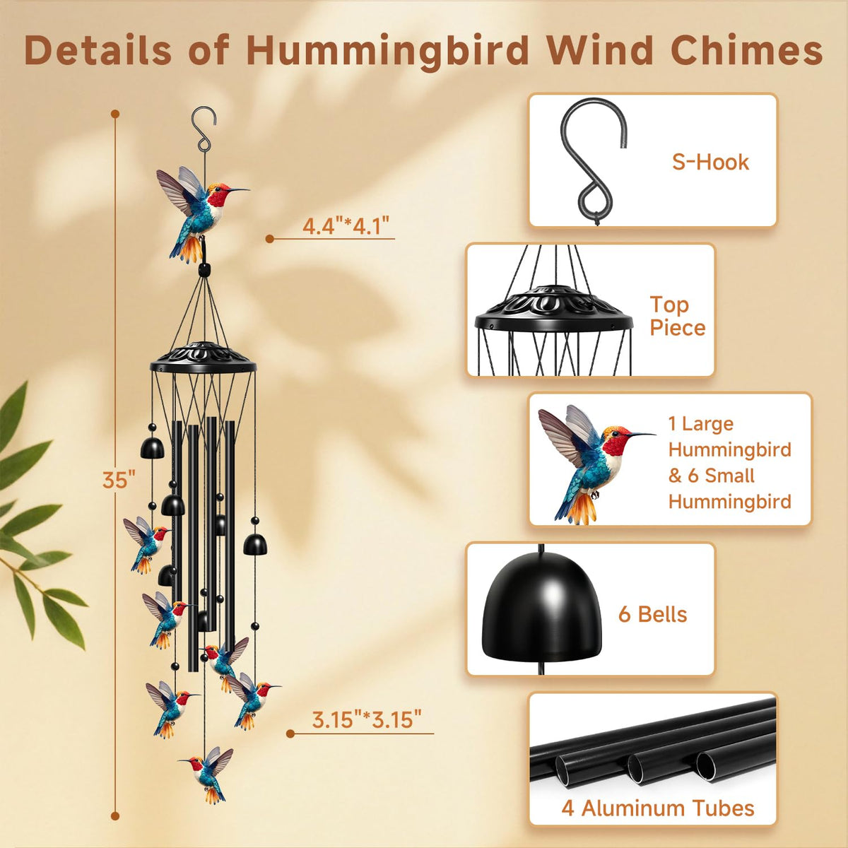 ODRODR hummingbird wind chimes six small birds add whimsical motion to outdoor spaces.