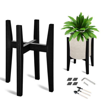 OERGKE bamboo plant stand front view displaying sturdy legs and modern mid-century design.