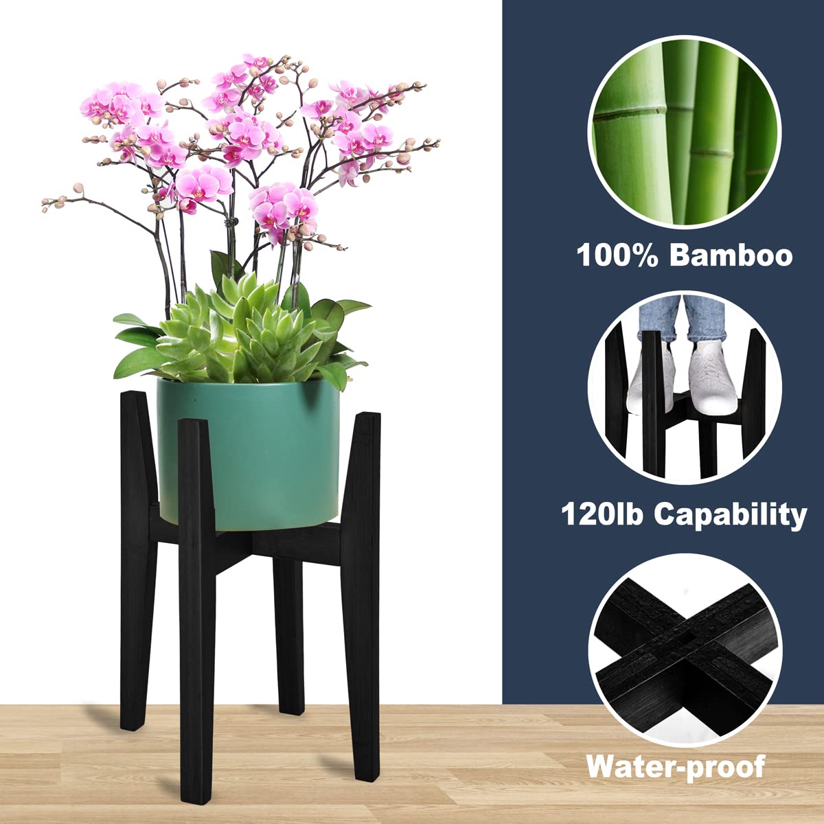 OERGKE bamboo plant stand side angle showing adjustable width for 8–12 inch pots.