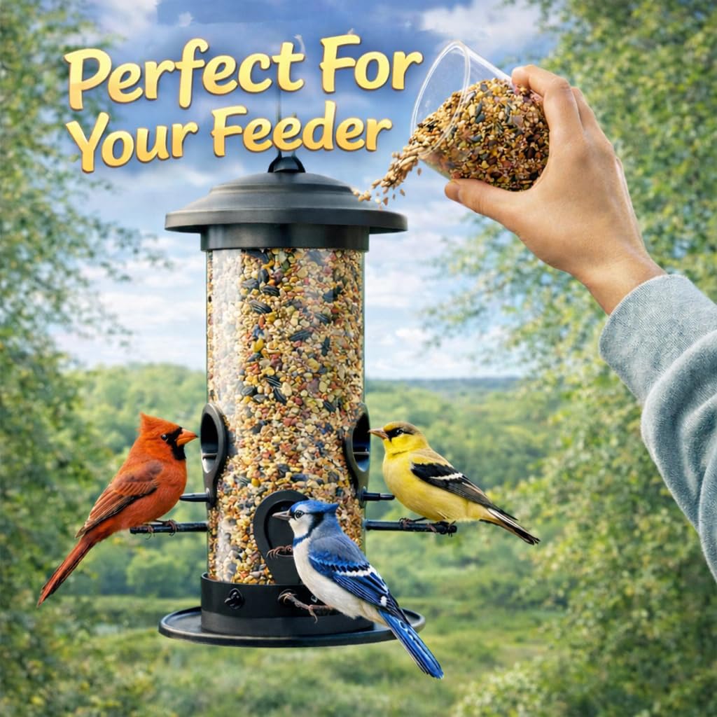 Office Roast attracts cardinals, finches, and blue jays at backyard feeders