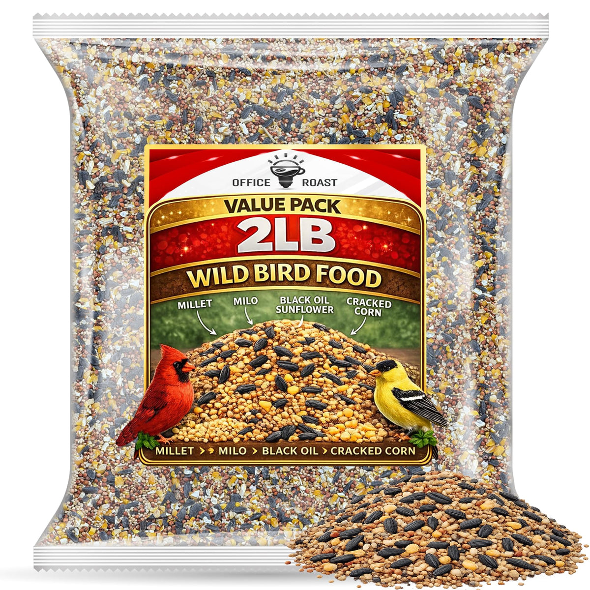 Office Roast Wild Bird Food Mix 2lb bulk pack attracts diverse backyard birds