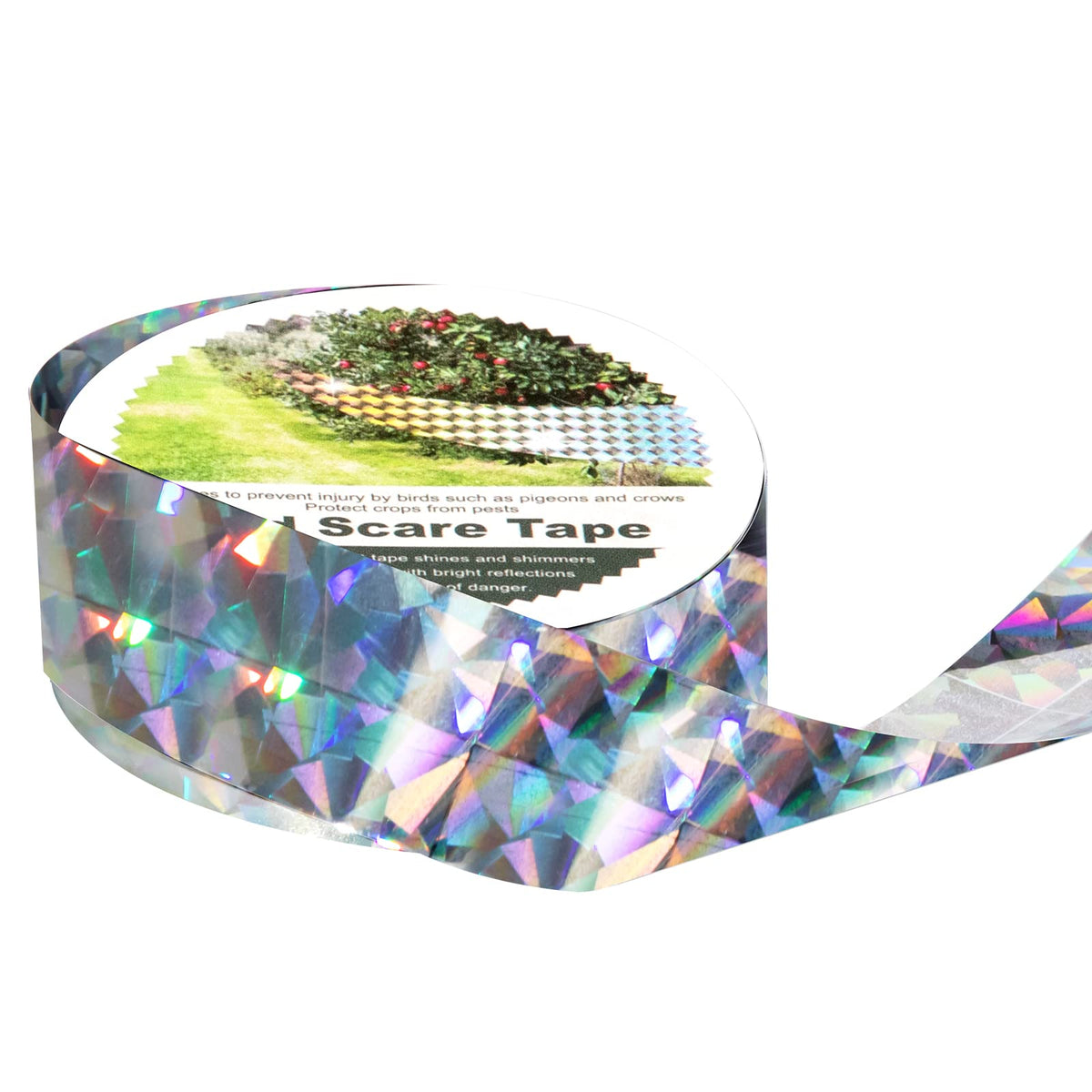 OFFO Bird Scare Tape 820ft deters birds around trees with bright reflections.