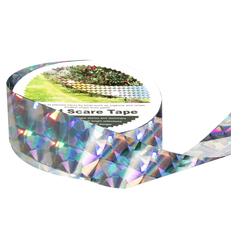 OFFO Bird Scare Tape 820ft deters birds around trees with bright reflections.