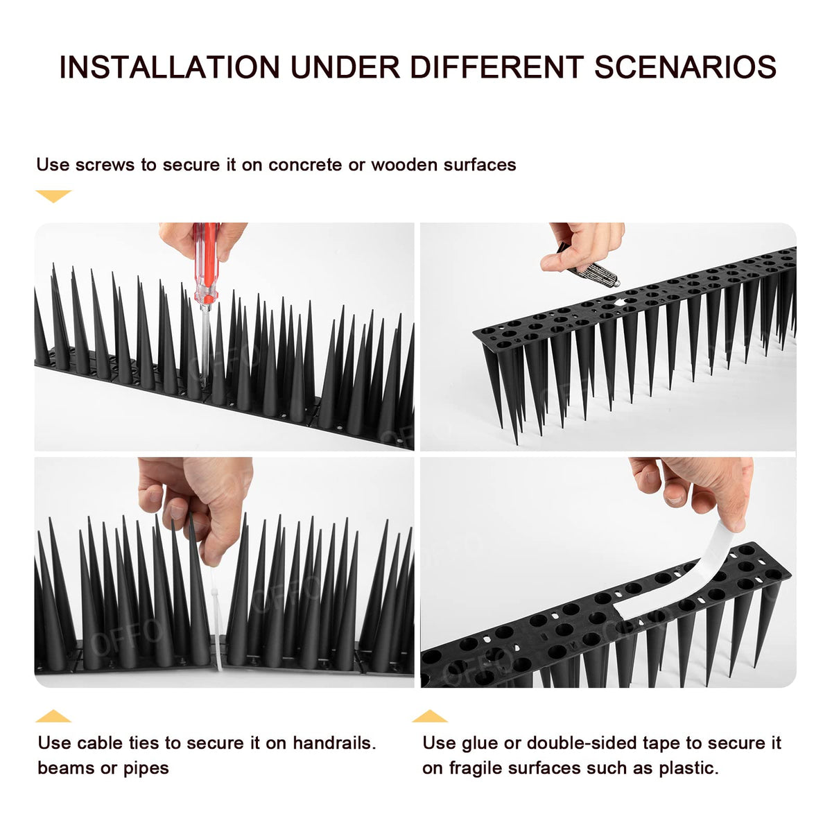 OFFO gutter application with spikes along a rain gutter