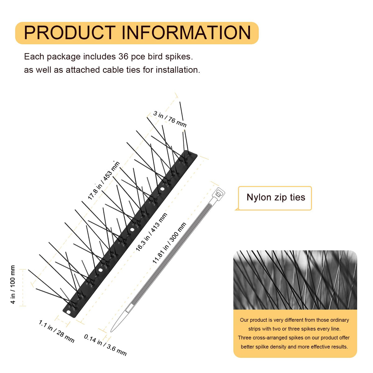 OFFO Black Bird Spikes 360 degree coverage protects a wide area from droppings.