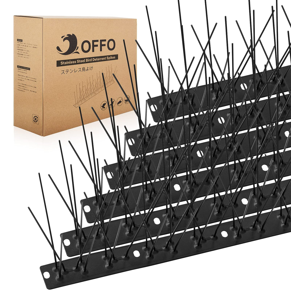 OFFO Black Bird Spikes on a window sill deter pigeons and protect surfaces.