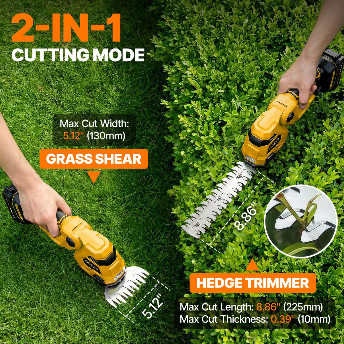 OGERY 21V cordless grass shears with a 5.1-inch trim for clean lawn edges.
