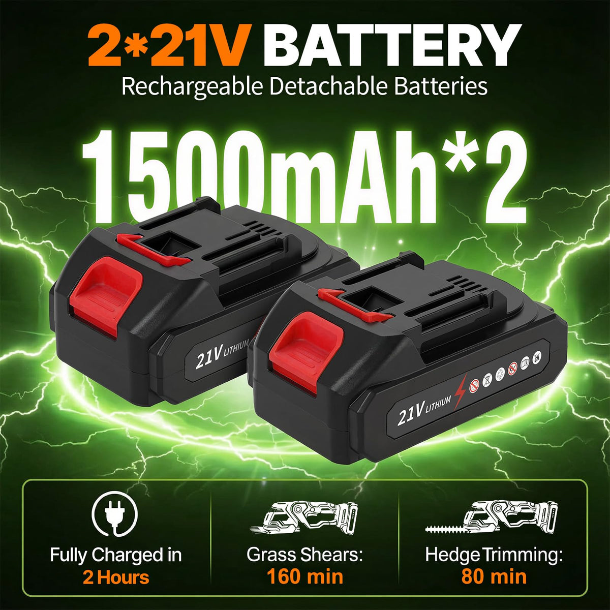 OGERY dual 21V battery system extends runtime for longer trimming sessions.