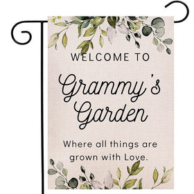 Ogiselestyle grandma gift garden flag vertical, outdoor decoration with rustic burlap texture.