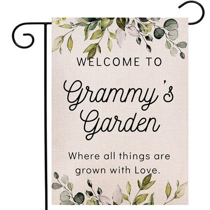 Ogiselestyle grandma gift garden flag vertical, outdoor decoration with rustic burlap texture.