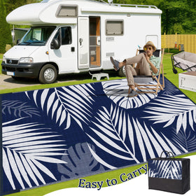 Ogrmar RV and beach-ready outdoor mat in blue and white