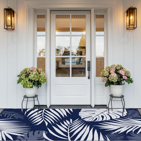 Ogrmar waterproof straw rug easy to clean in blue and white pattern