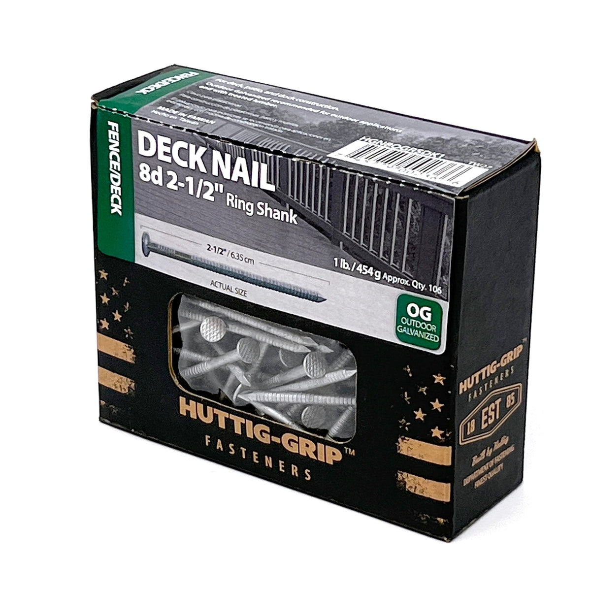 Outdoor galvanized finish on OHIY Huttig-Grip nails resists weathering