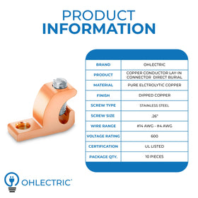 OHLECTRIC ground wire lugs for 4-14 wire range with easy copper bonding.