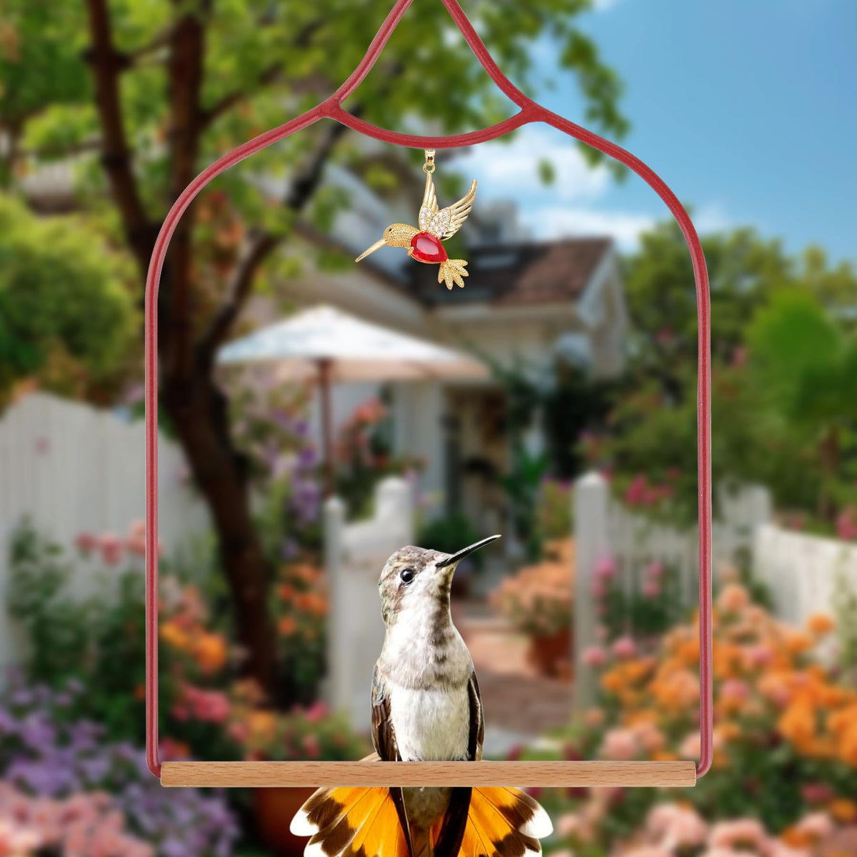 Ohmique Hummingbird Swing serves as decorative garden accent for outdoor spaces.
