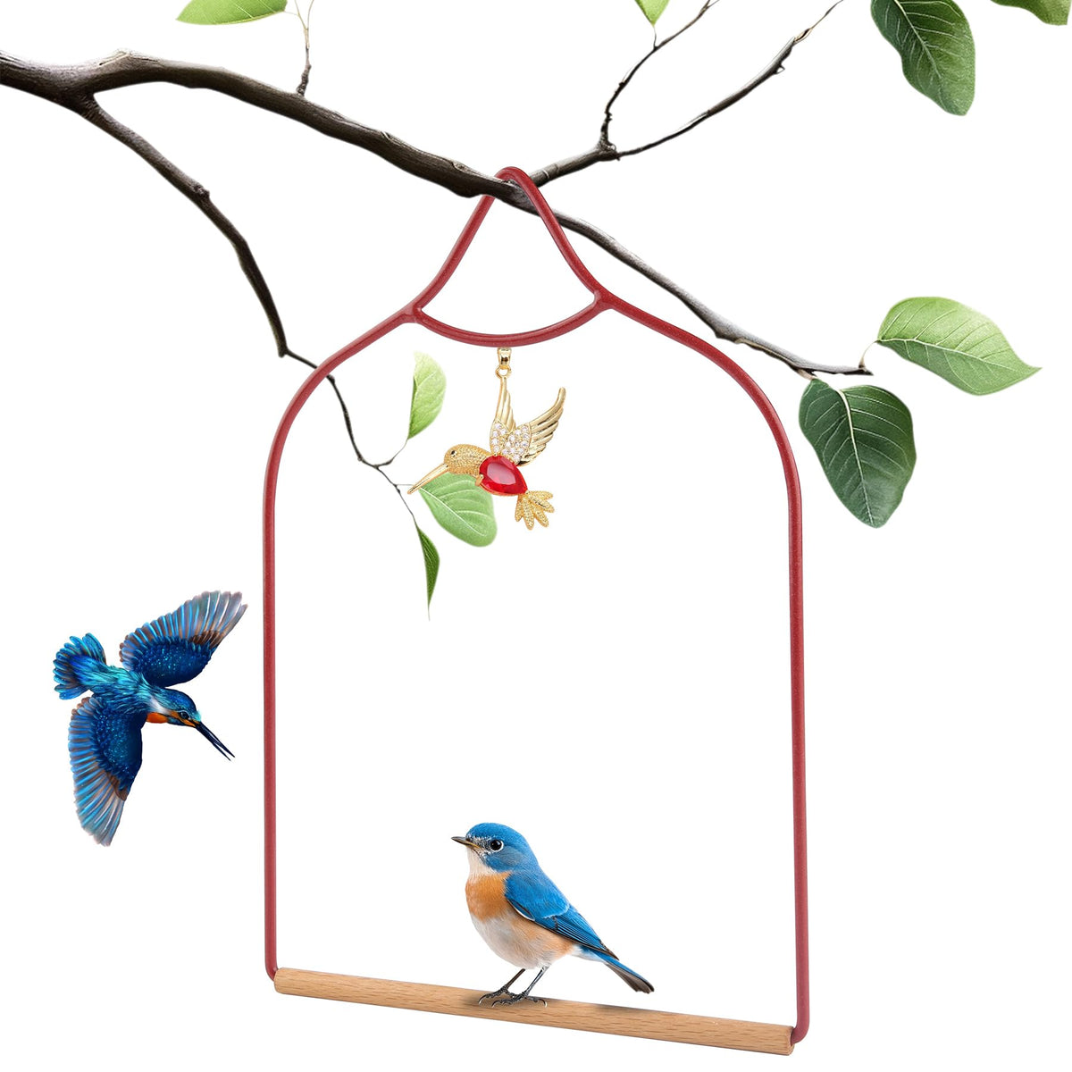 Ohmique Hummingbird Swing features bright red pendant to attract birds near feeders.