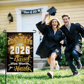 OHHOME Class of 2026 garden flag in black and gold for stylish graduation decor.