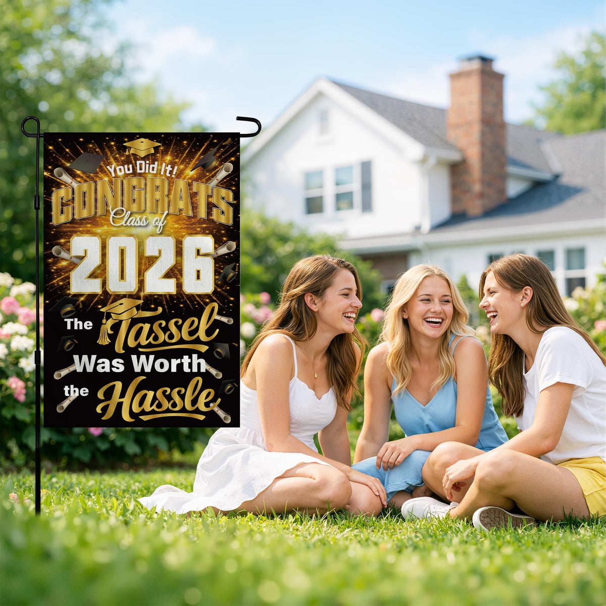 OHHOME graduation yard sign displayed on a porch for outdoor celebration.