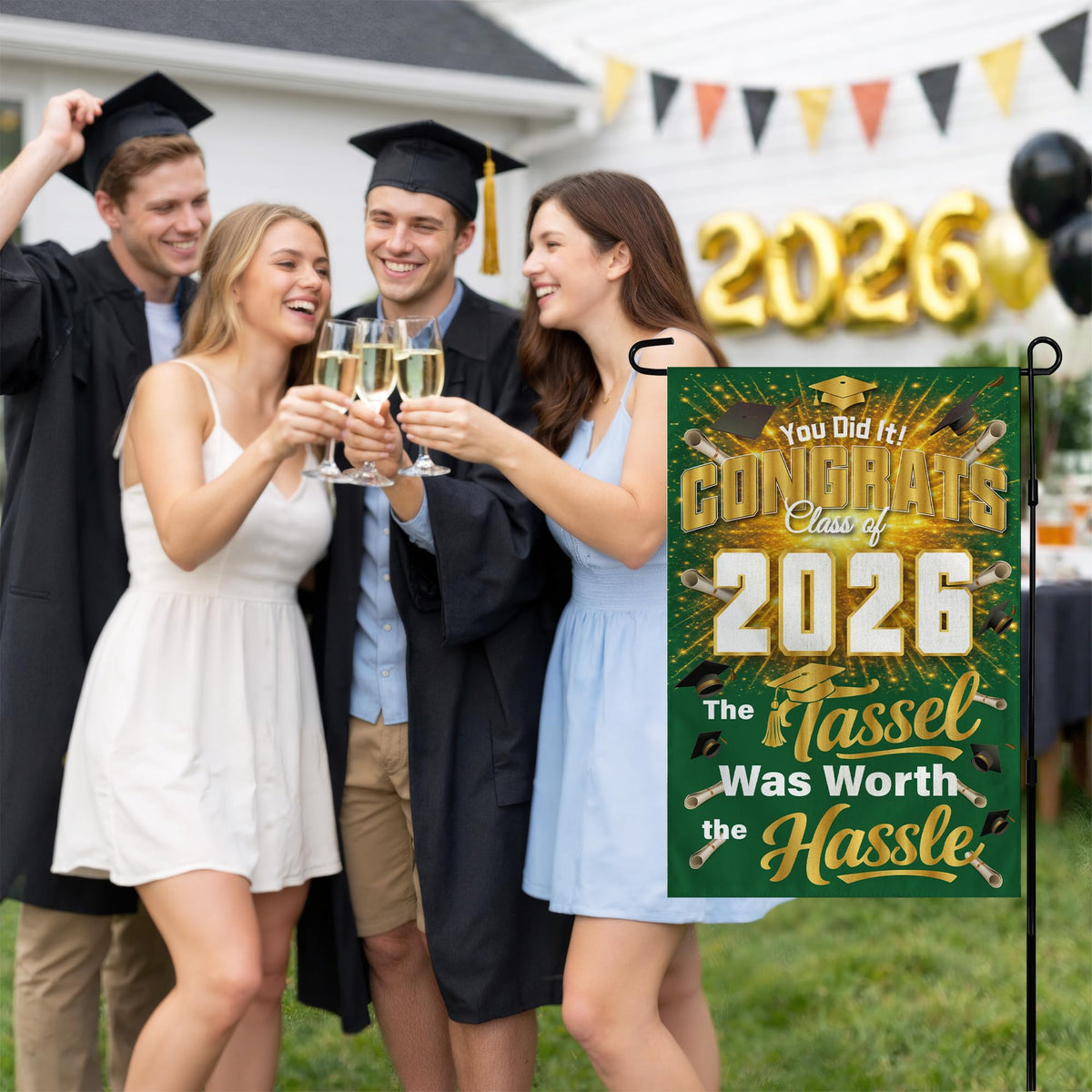 OHOME graduation flag with sleeve hanger for easy setup.