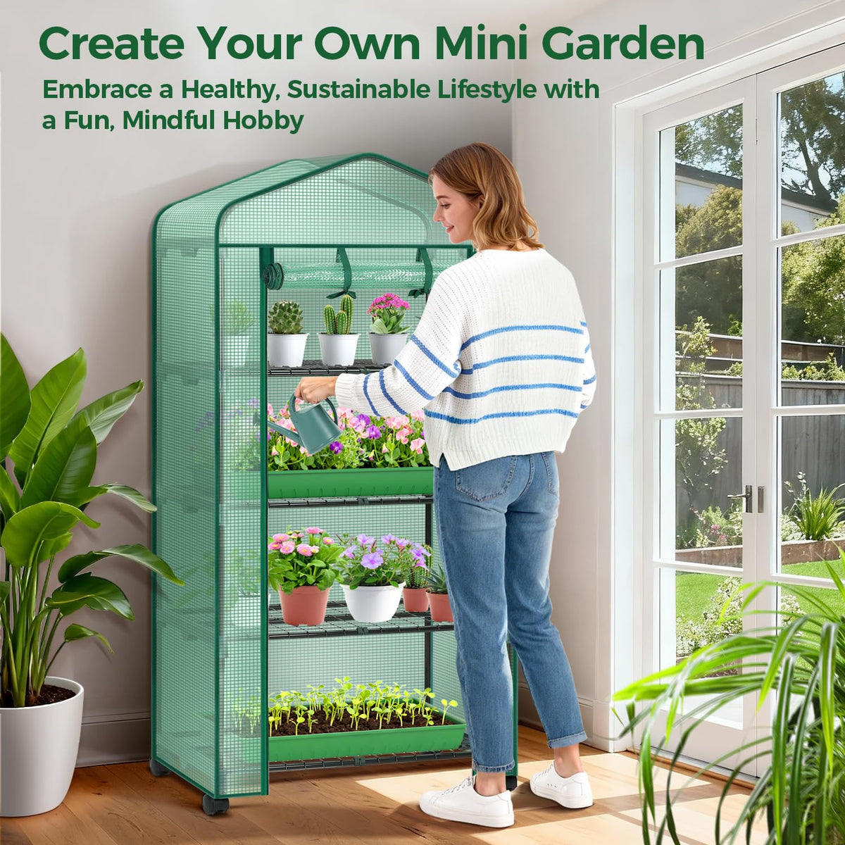 Ohuhu compact-space-saving-design greenhouse saves space while expanding growing capacity.