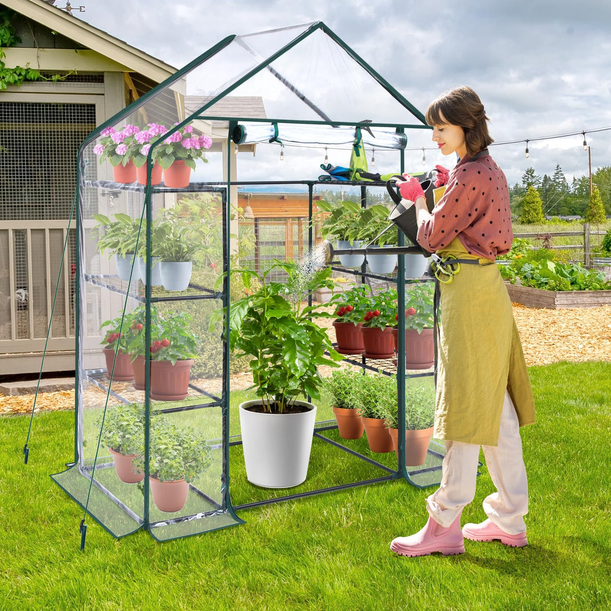 Ohuhu outdoor greenhouse with 6-shelf frame showing sturdy structure for heavy pots