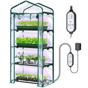 Ohuhu indoor greenhouse with grow light front view showing four shelves for seed starting