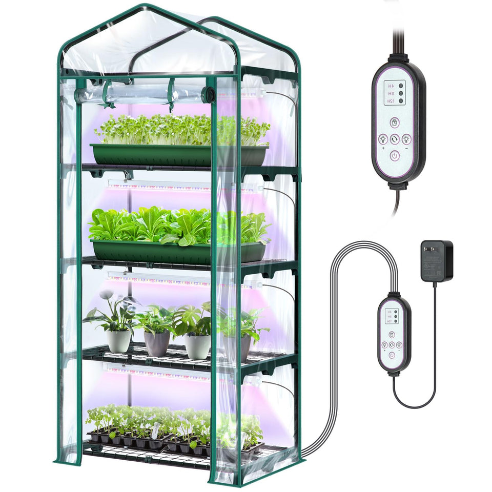 Ohuhu indoor greenhouse with grow light front view showing four shelves for seed starting