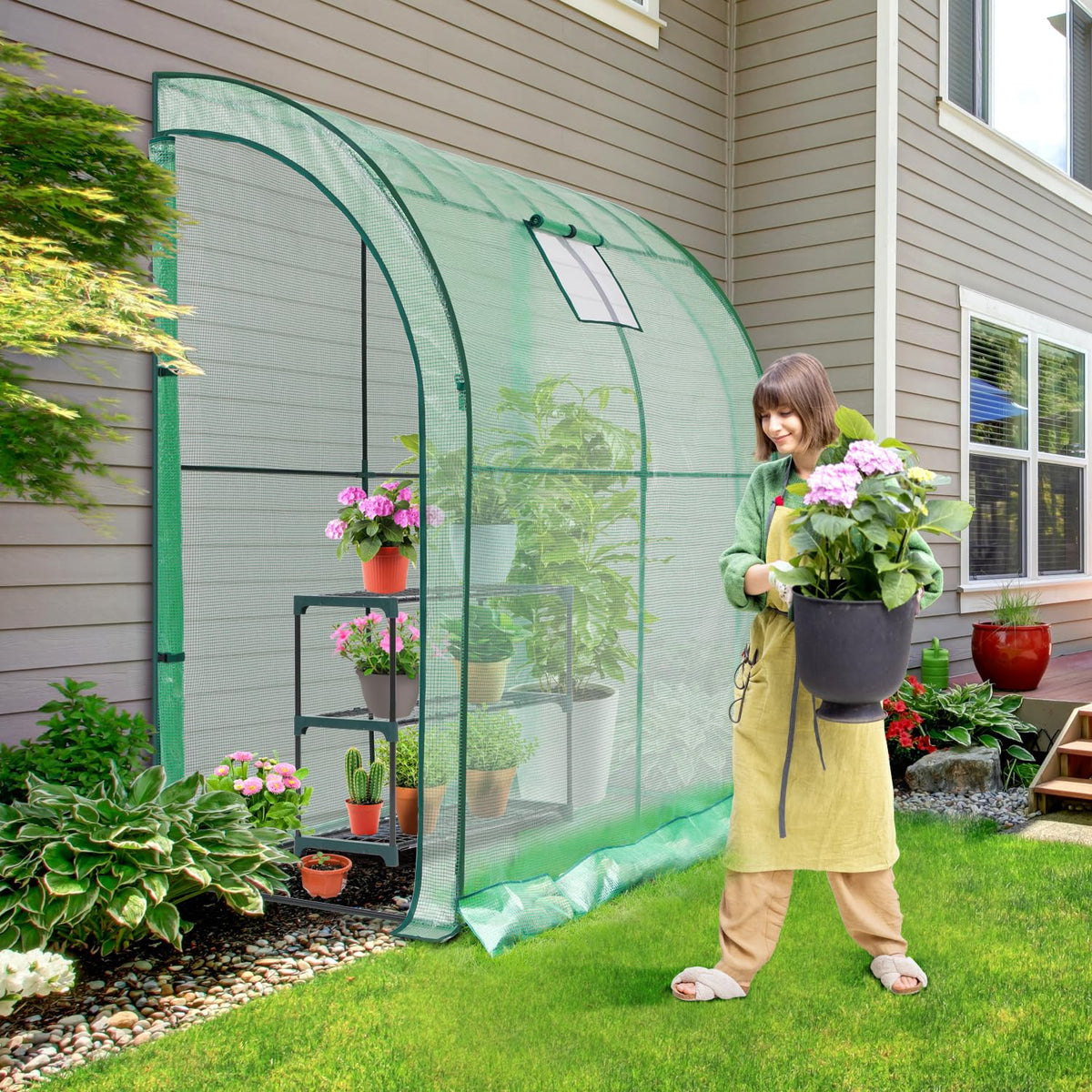 Ohuhu Lean-to Greenhouse side view highlighting sturdy frame and wall-adjacent setup