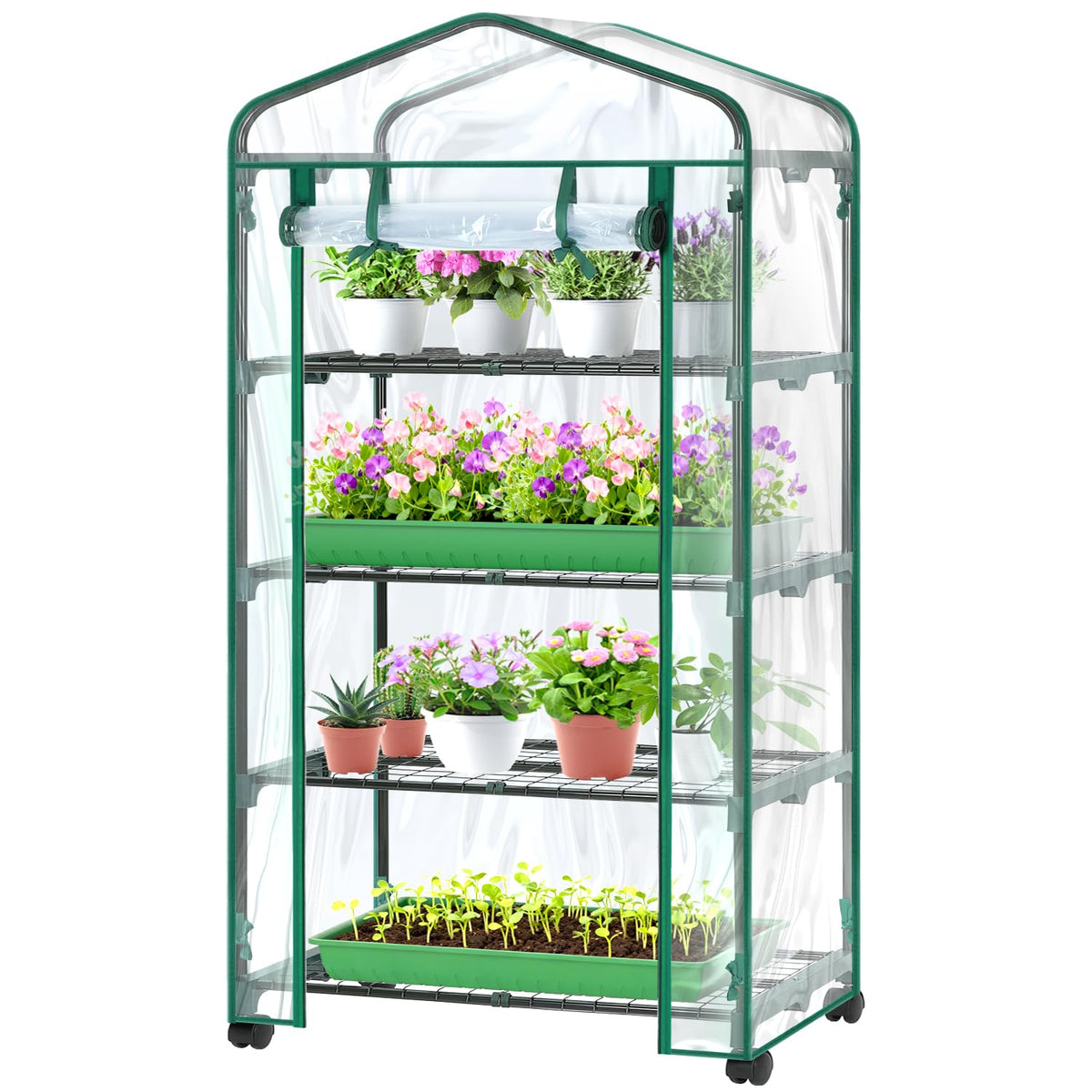 Ohuhu mini-greenhouse four-tier shelves support seedlings in a compact space.
