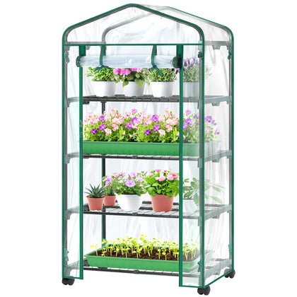 Ohuhu mini-greenhouse four-tier shelves support seedlings in a compact space.