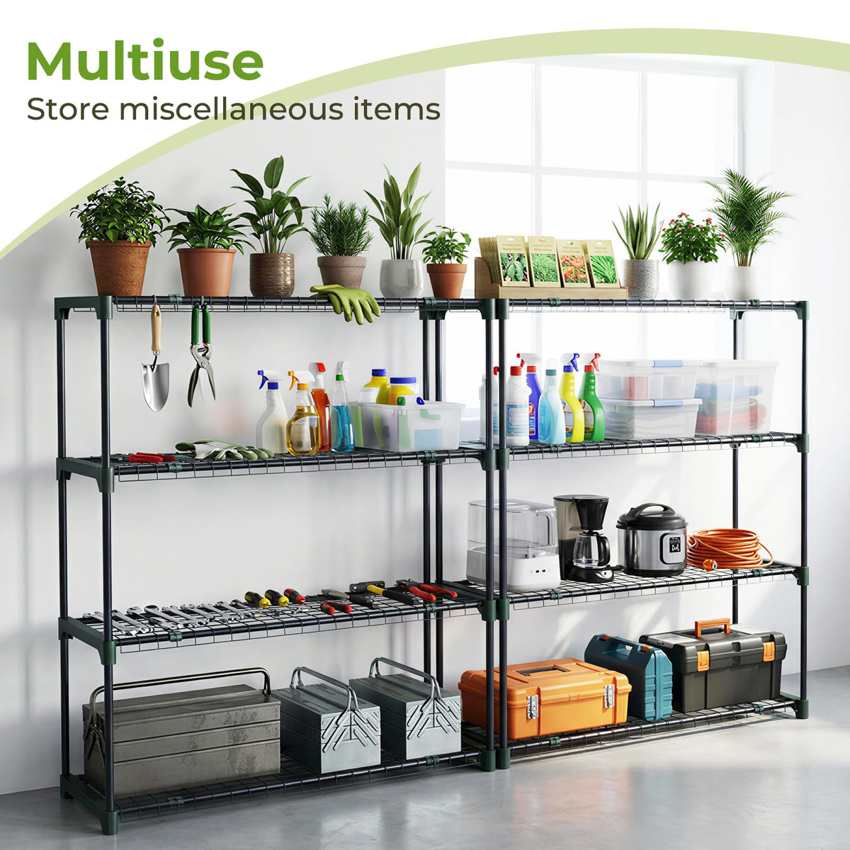 Outdoor balcony garden storage shelf organizing pots and tools