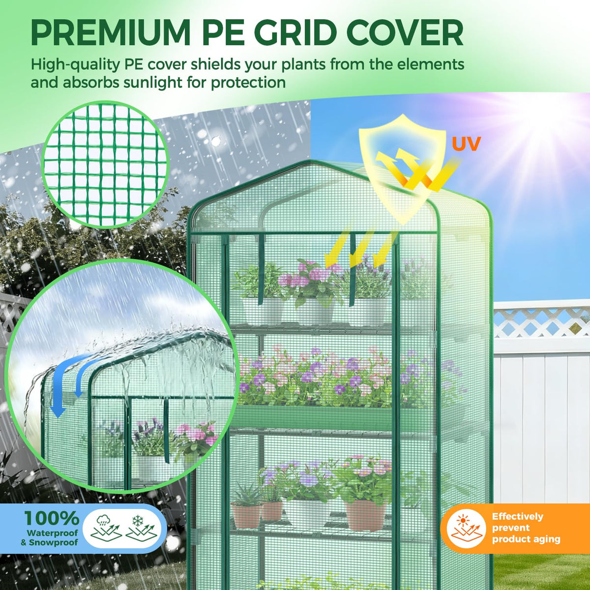 Ohuhu greenhouse PE cover offers all-season protection for seedlings.